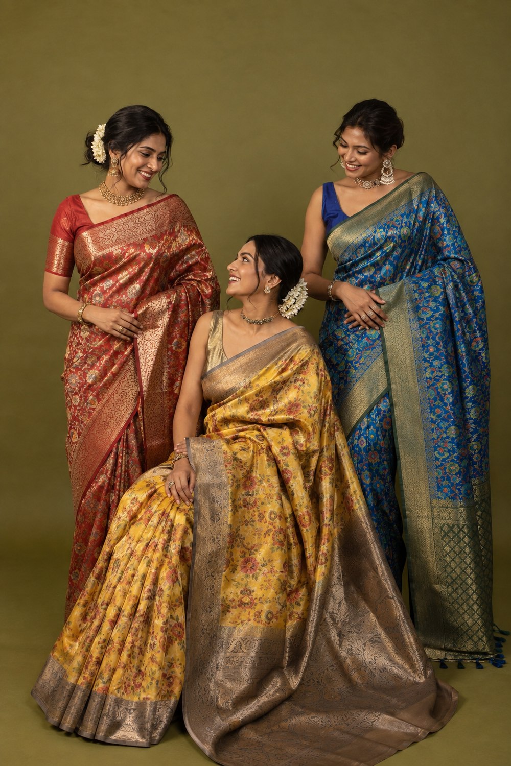 Three women in red, yellow, and blue Banarasi silk sarees, each draped and pleated differently