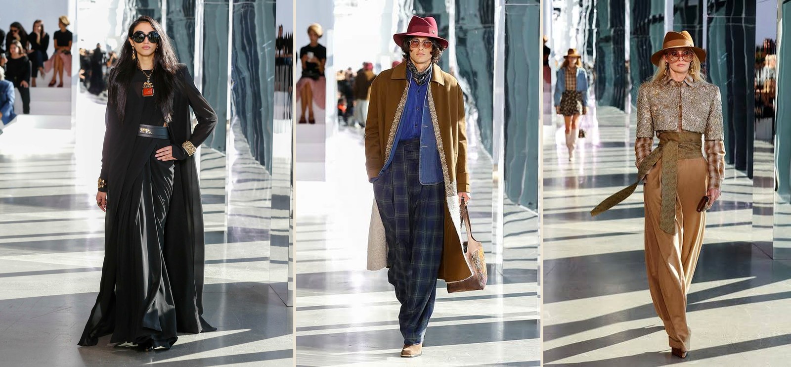 Three looks from Sabyasachi's Bengal Byzantine Broadway runway show — a jewelled black drape, a camel coat with plaid trousers, and a tailored gold ensemble with a wide-brimmed hat