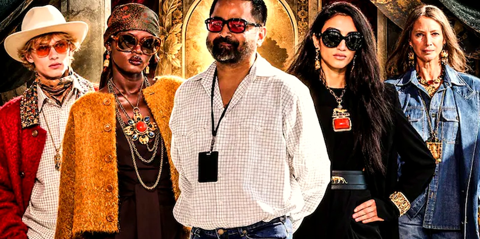 Sabyasachi Mukherjee with models at his Bengal Byzantine Broadway show at New York Fashion Week